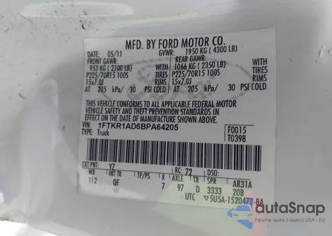 2011 Ford Ranger Xl z USA, uszkodzony, nr VIN 1FTKR1AD6BPA64205